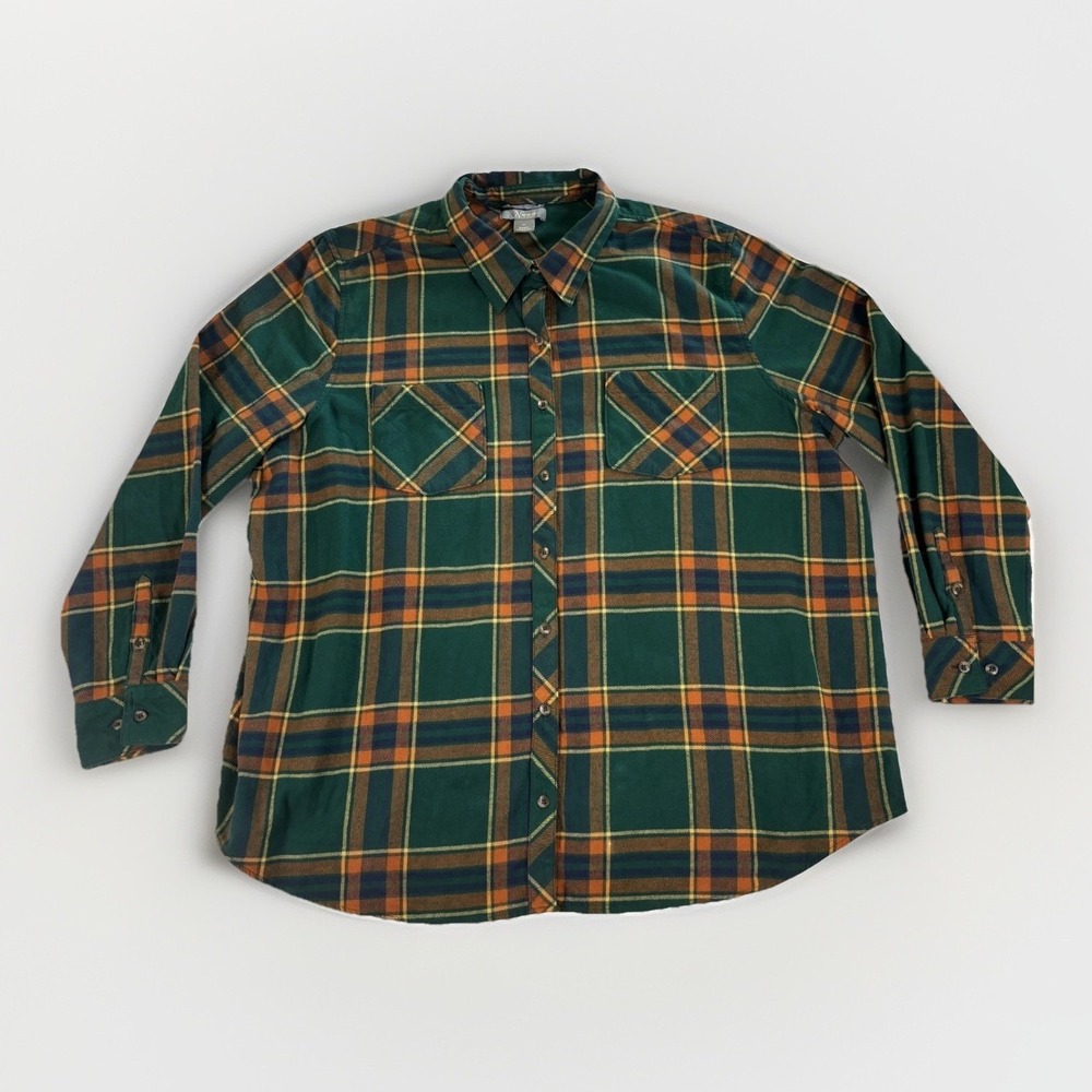 Natural Reflections Flannel Shirt Womens 2XL Green Orange Plaid Cotton Outdoor